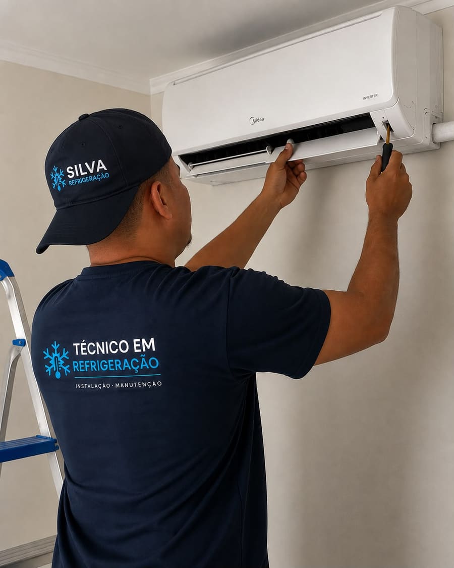 Técnico uniformizado da Silva Ar Condicionado realizando manutenção em unidade split