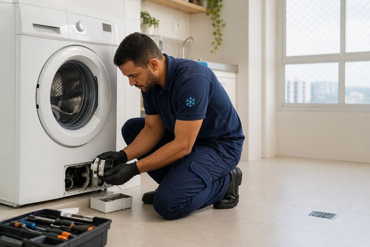 Técnico realizando manutenção em máquina de lavar